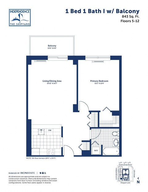 Floor plan for 1 bed, 1 bath, 843 sqft