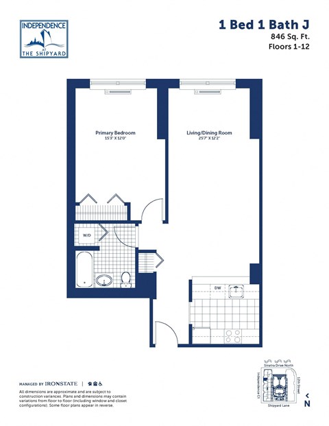 Floor plan for 1 bed, 1 bath, 846 sqft
