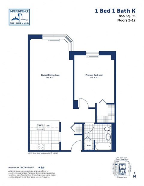 Floor plan for 1 bed, 1 bath, 855 sqft