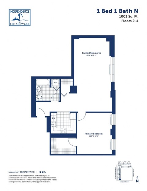 Floor plan for 1 bed, 1 bath, 1003 sqft