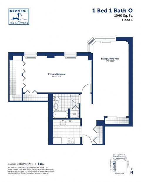 Floor plan for 1 bed, 1 bath, 1040 sqft
