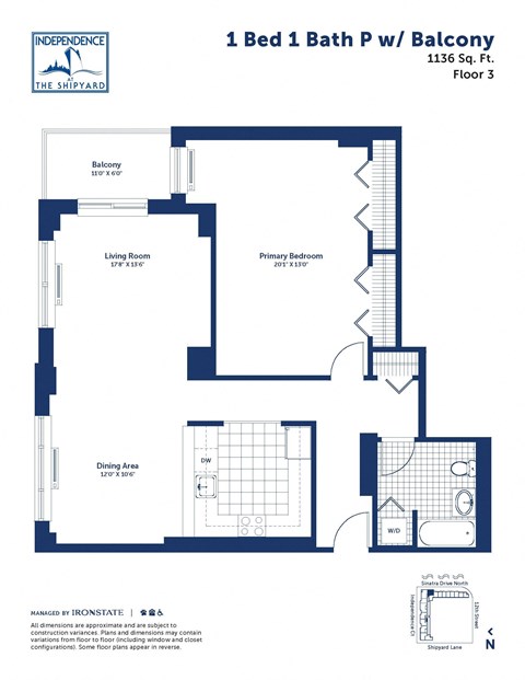 Floor plan for 1 bed, 1 bath, 1136 sqft
