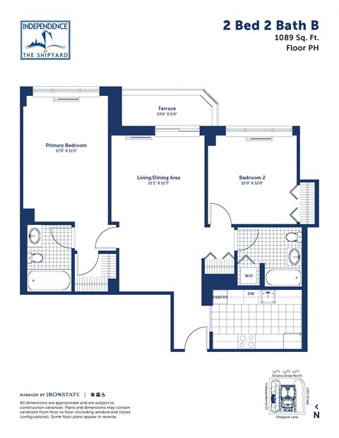 Floor plan for 2 beds, 2 baths, 1089 sqft