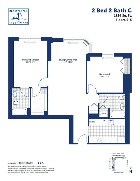 Floor plan for 2 beds, 2 baths, 1124 sqft