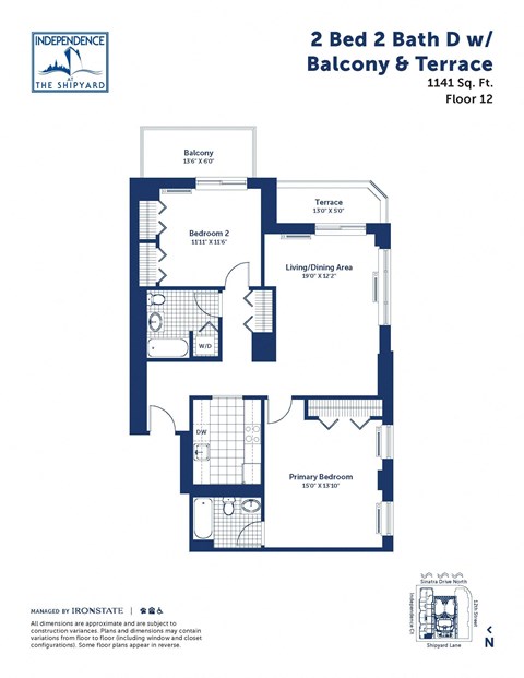 Floor plan for 2 beds, 2 baths, 1141 sqft