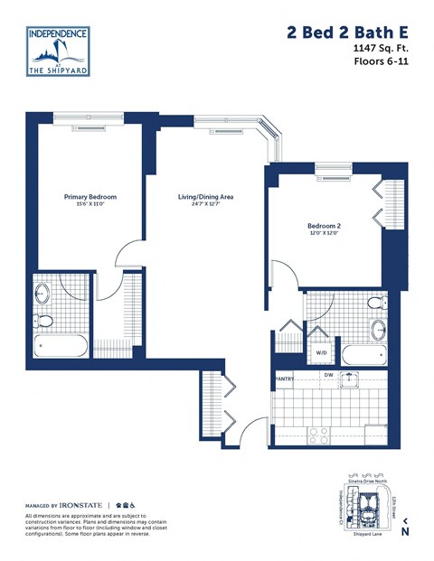 Floor plan for 2 beds, 2 baths, 1147 sqft