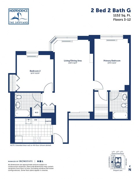 Floor plan for 2 beds, 2 baths, 1152 sqft