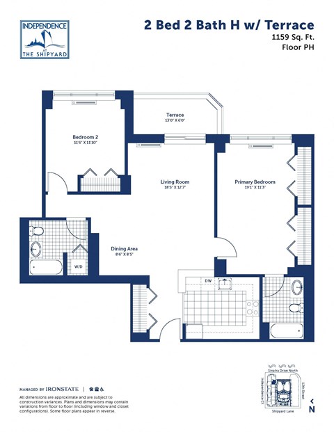 Floor plan for 2 beds, 2 baths, 1159 sqft