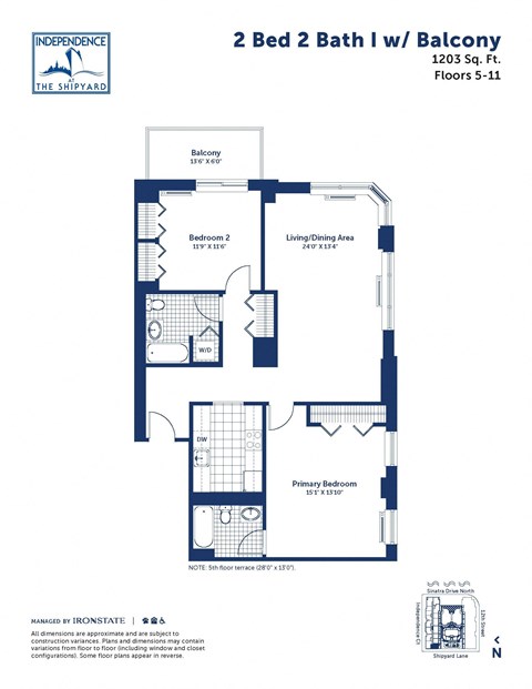 Floor plan for 2 beds, 2 baths, 1203 sqft