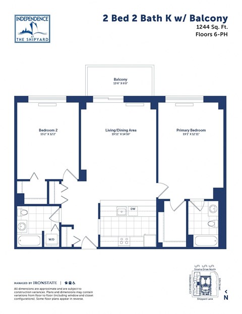 Floor plan for 2 beds, 2 baths, 1244 sqft
