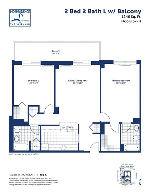 Floor plan for 2 beds, 2 baths, 1246 sqft