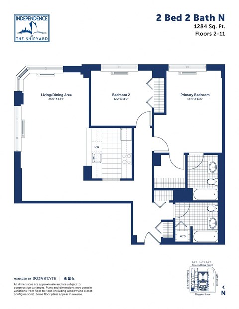 Floor plan for 2 beds, 2 baths, 1284 sqft