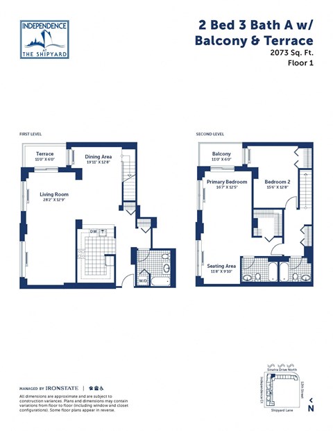 Floor plan for 2 beds, 3 baths, 2073 sqft