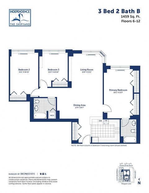 Floor plan for 3 beds, 2 baths, 1459 sqft