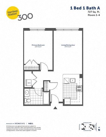 Floor plan for 1 bed, 1 bath, 727 sqft