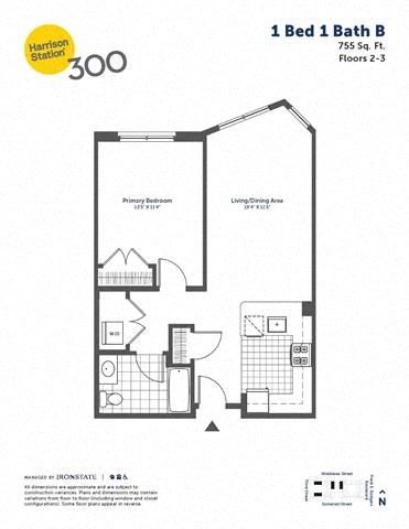 Floor plan for 1 bed, 1 bath, 755 sqft