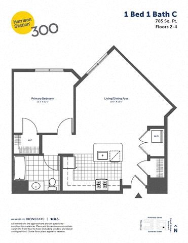 Floor plan for 1 bed, 1 bath, 785 sqft