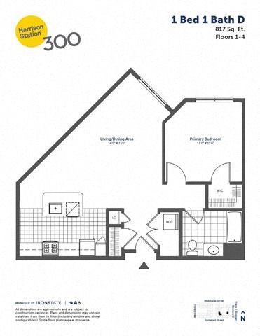 Floor plan for 1 bed, 1 bath, 817 sqft