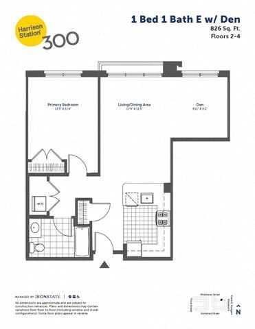 Floor plan for 1 bed, 1 bath, 828 sqft