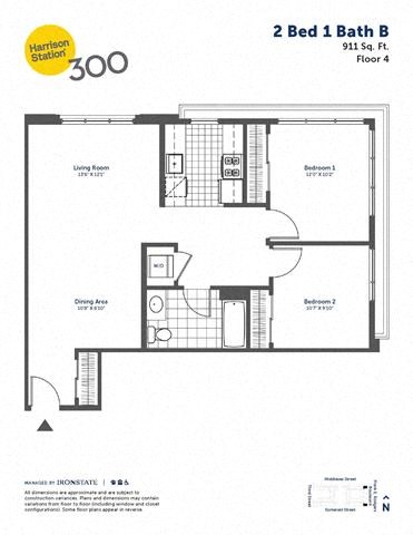 Floor plan for 2 beds, 1 bath, 911 sqft