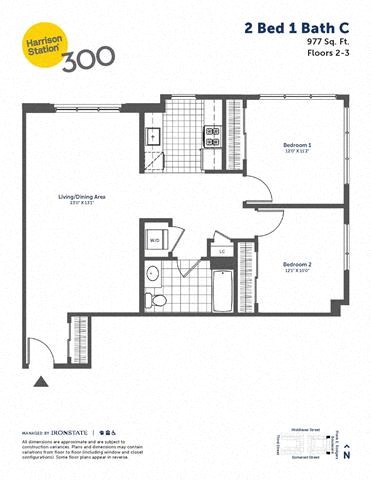Floor plan for 2 beds, 1 bath, 977 sqft