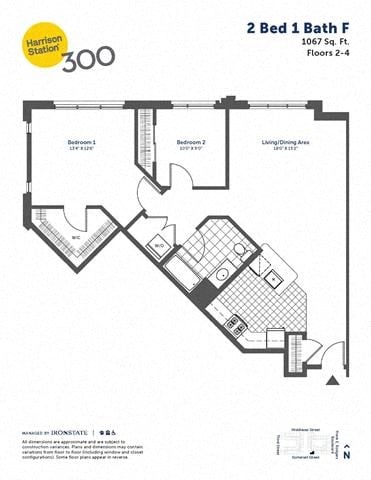 Floor plan for 2 beds, 1 bath, 1067 sqft