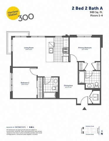 Floor plan for 2 beds, 2 baths, 989 sqft