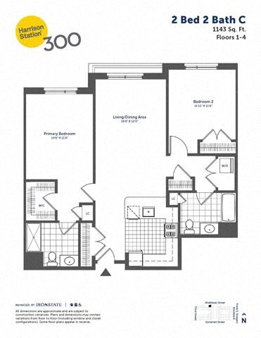 Floor plan for 2 beds, 2 baths, 1143 sqft