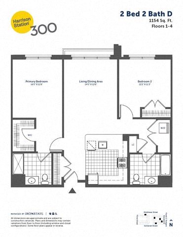 Floor plan for 2 beds, 2 baths, 1154 sqft