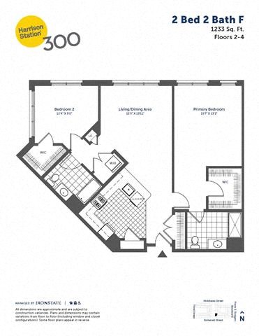 Floor plan for 2 beds, 2 baths, 1233 sqft