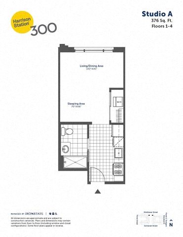 Floor plan for studio, 1 bath, 376 sqft