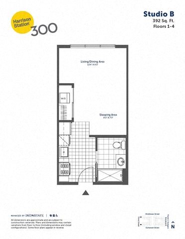 Floor plan for studio, 1 bath, 392 sqft