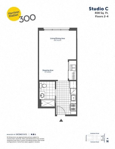 Floor plan for studio, 1 bath, 408 sqft