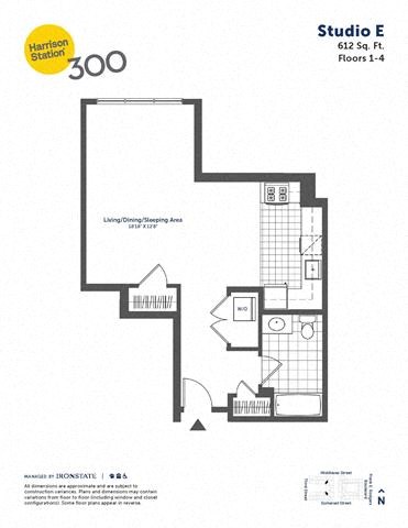 Floor plan for studio, 1 bath, 612 sqft