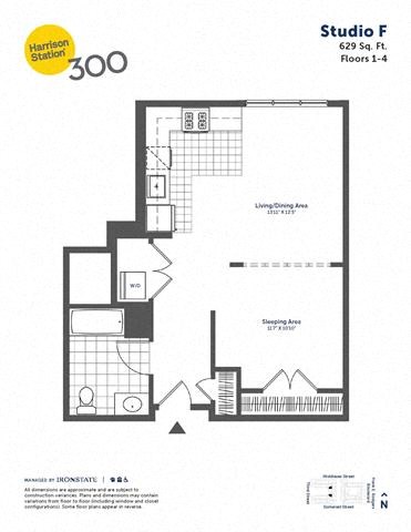 Floor plan for studio, 1 bath, 629 sqft