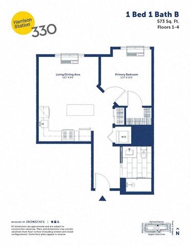 Floor plan for 1 bed, 1 bath, 573 sqft