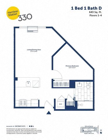Floor plan for 1 bed, 1 bath, 643 sqft