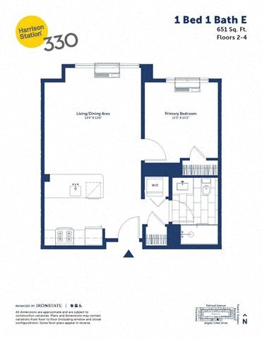Floor plan for 1 bed, 1 bath, 651 sqft