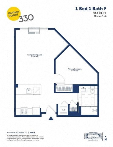 Floor plan for 1 bed, 1 bath, 652 sqft