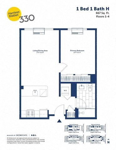 Floor plan for 1 bed, 1 bath, 667 sqft