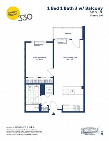 Floor plan for 1 bed, 1 bath, 680 sqft
