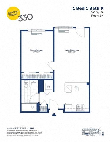 Floor plan for 1 bed, 1 bath, 680 sqft