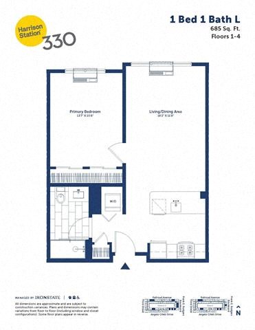 Floor plan for 1 bed, 1 bath, 685 sqft