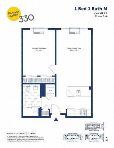 Floor plan for 1 bed, 1 bath, 703 sqft