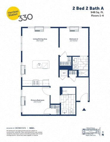 Floor plan for 2 beds, 2 baths, 948 sqft