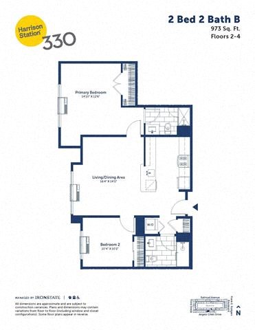 Floor plan for 2 beds, 2 baths, 973 sqft