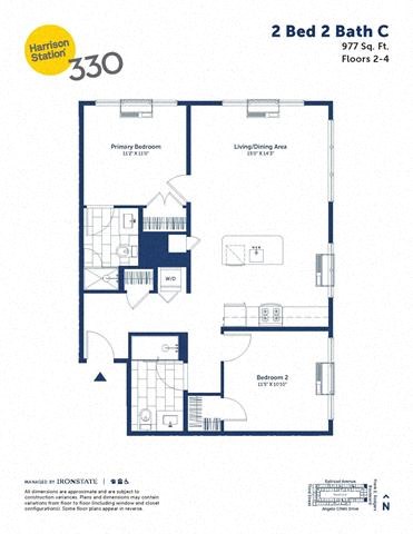 Floor plan for 2 beds, 2 baths, 977 sqft