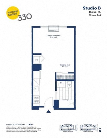 Floor plan for studio, 1 bath, 413 sqft