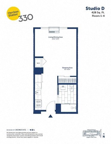 Floor plan for studio, 1 bath, 428 sqft