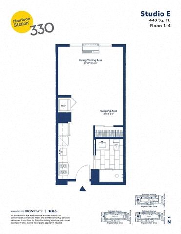 Floor plan for studio, 1 bath, 443 sqft
